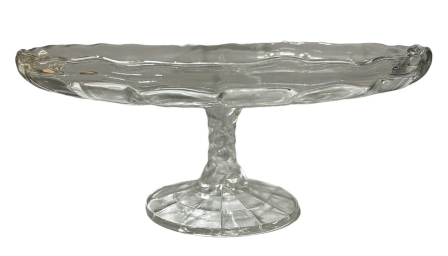 Cake Plate Glass Pedestal Serving Dish Scalloped Edge Geometric Pattern