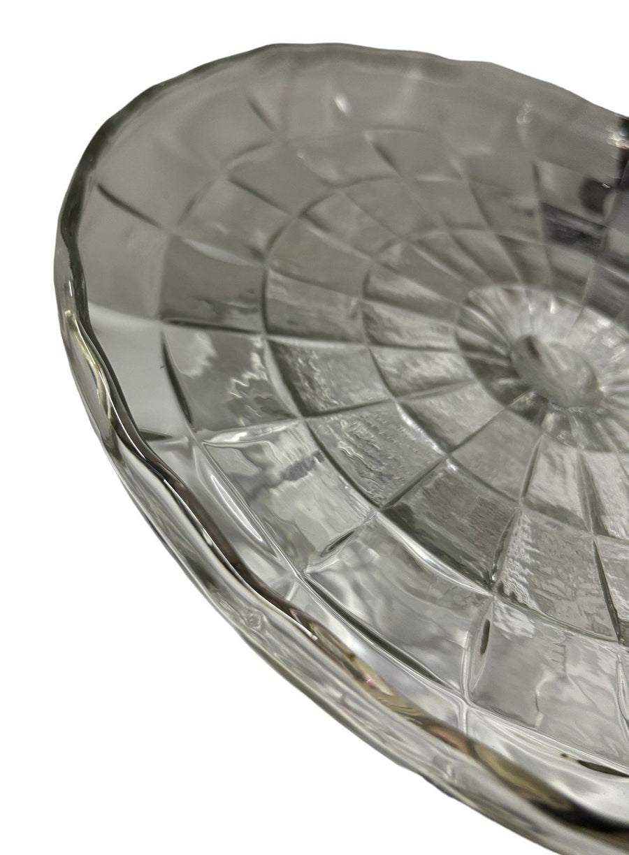 Cake Plate Glass Pedestal Serving Dish Scalloped Edge Geometric Pattern