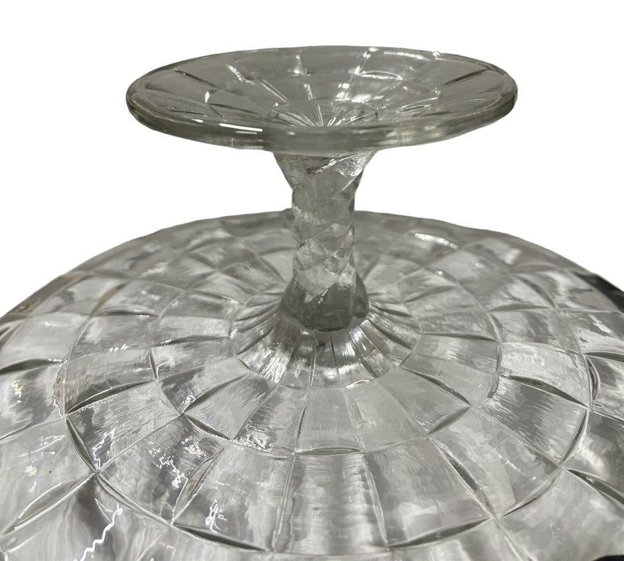 Cake Plate Glass Pedestal Serving Dish Scalloped Edge Geometric Pattern