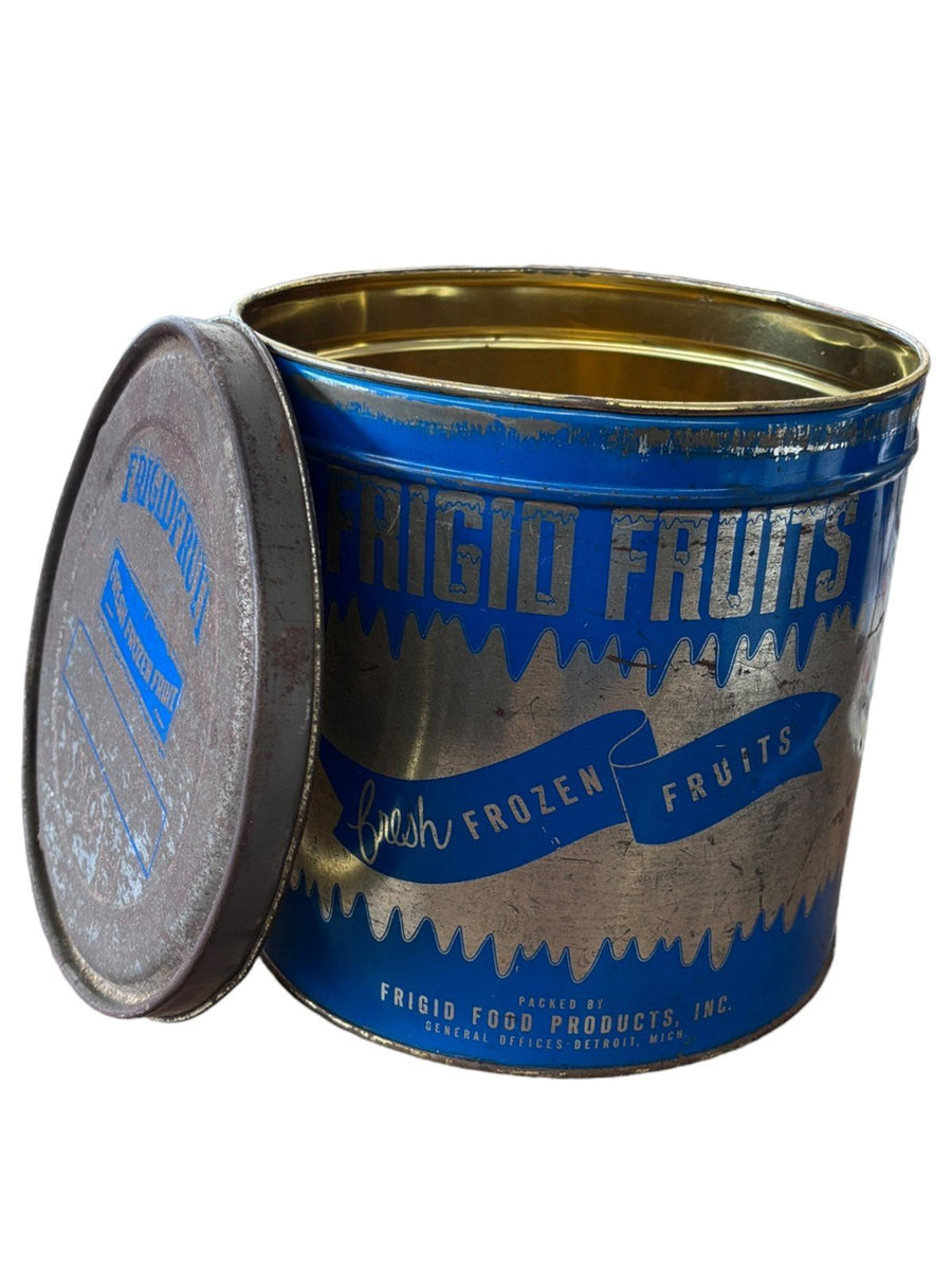 Frigid Fruits Fresh Frozen Fruits 10IB Tin Blue and Silver Vintage