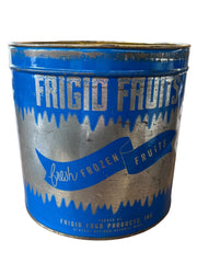 Frigid Fruits Fresh Frozen Fruits 10IB Tin Blue and Silver Vintage