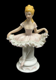 Ballerina Porcelain Figure Lace Pink Seated Girl Vintage Home Decor Hand Painted