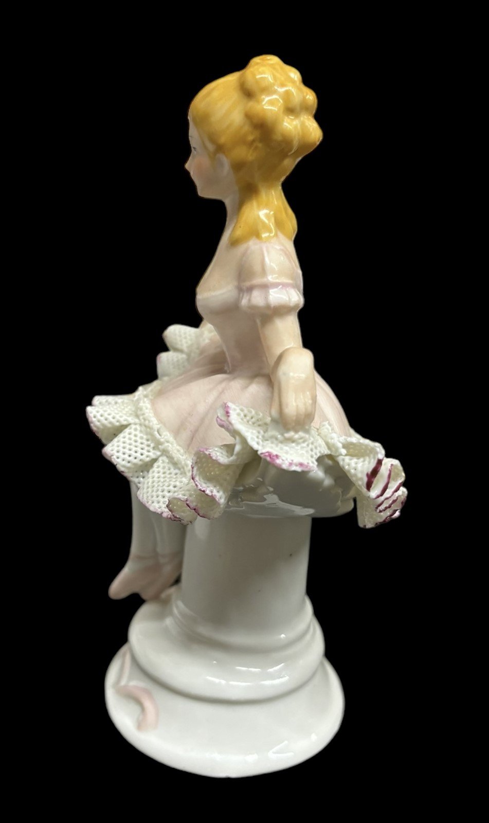 Ballerina Porcelain Figure Lace Pink Seated Girl Vintage Home Decor Hand Painted