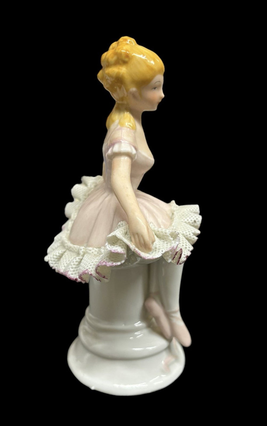 Ballerina Porcelain Figure Lace Pink Seated Girl Vintage Home Decor Hand Painted