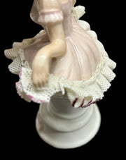 Ballerina Porcelain Figure Lace Pink Seated Girl Vintage Home Decor Hand Painted