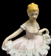Ballerina Porcelain Figure Lace Pink Seated Girl Vintage Home Decor Hand Painted