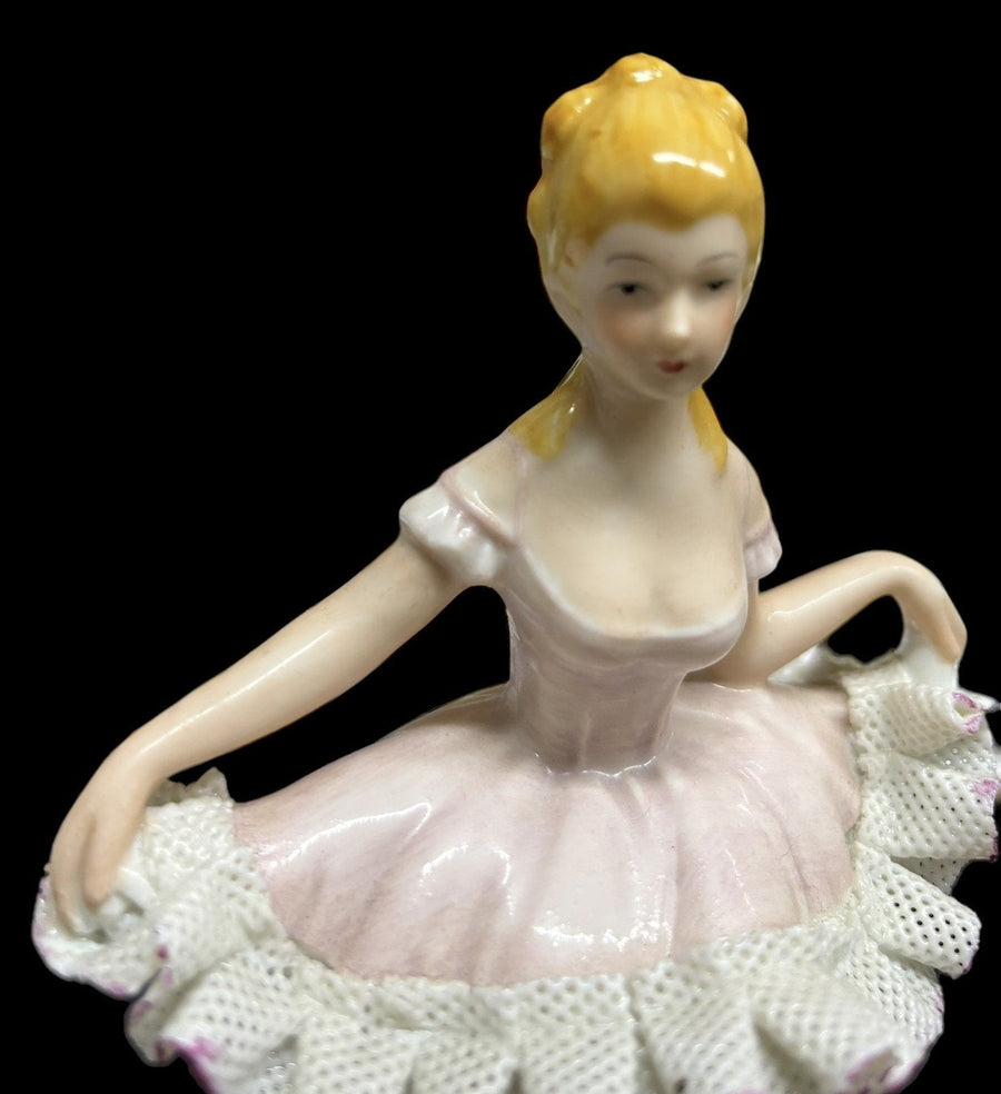 Ballerina Porcelain Figure Lace Pink Seated Girl Vintage Home Decor Hand Painted