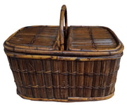 Bamboo Picnic Basket Antique Split Lid Vintage Stationary Handle 15" High