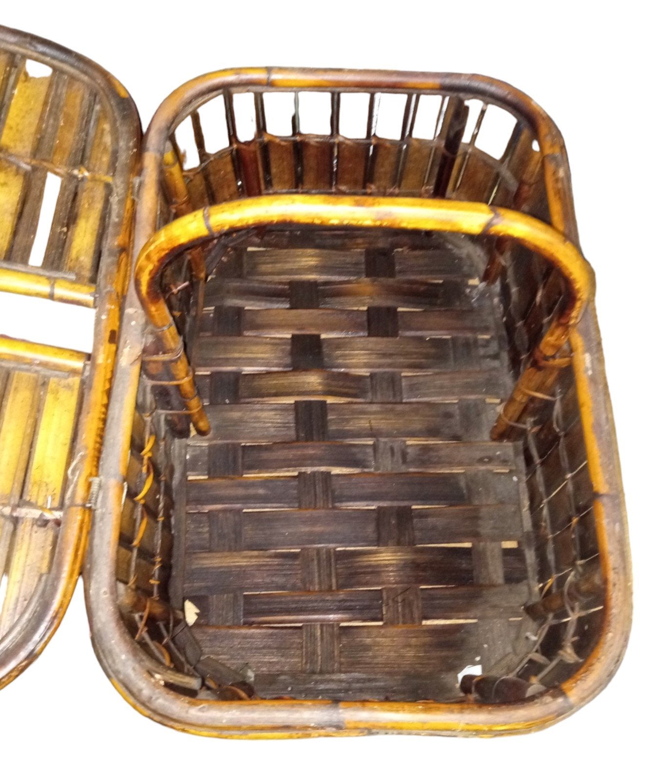 Bamboo Picnic Basket Antique Split Lid Vintage Stationary Handle 15" High