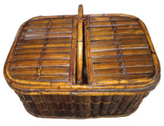 Bamboo Picnic Basket Antique Split Lid Vintage Stationary Handle 15" High