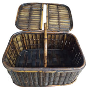 Bamboo Picnic Basket Antique Split Lid Vintage Stationary Handle 15" High