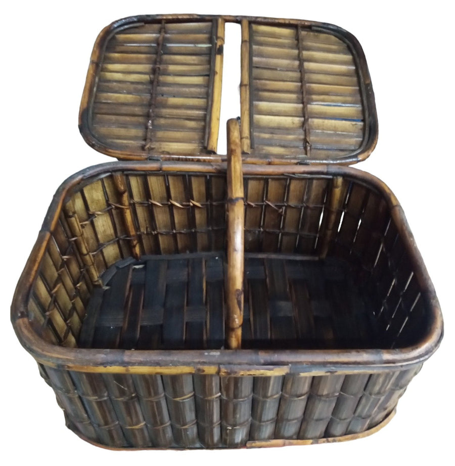Bamboo Picnic Basket Antique Split Lid Vintage Stationary Handle 15" High