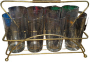 Navy Starburst and Gold Tumblers w/ Carrying Rack Antique Set of 8 Vintage
