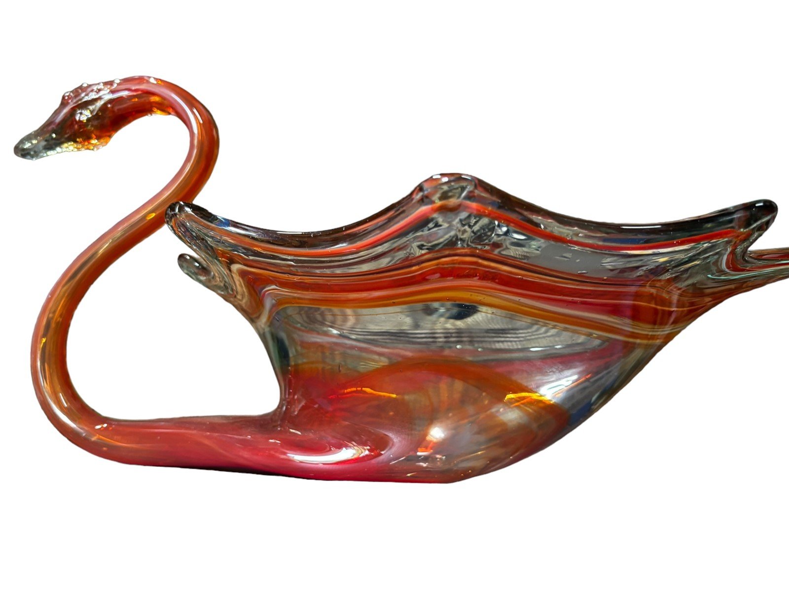 Fenton Murano Glass Blown Orange and Clear Swan Decorative Bowl