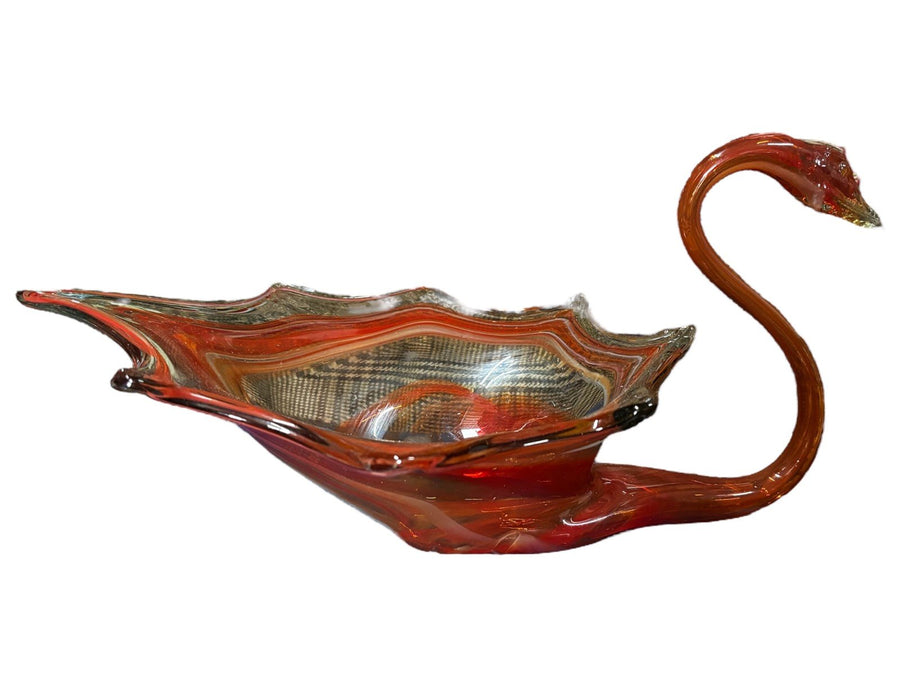 Fenton Murano Glass Blown Orange and Clear Swan Decorative Bowl