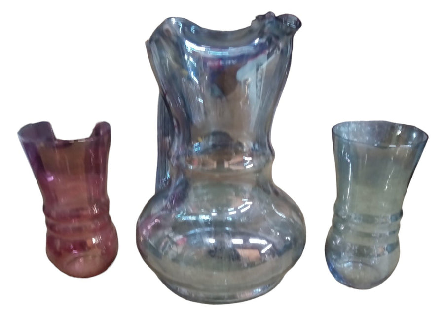 Smoked Glass Antique Blue Pitcher and Glass Red Glass Vintage 3 Pieces