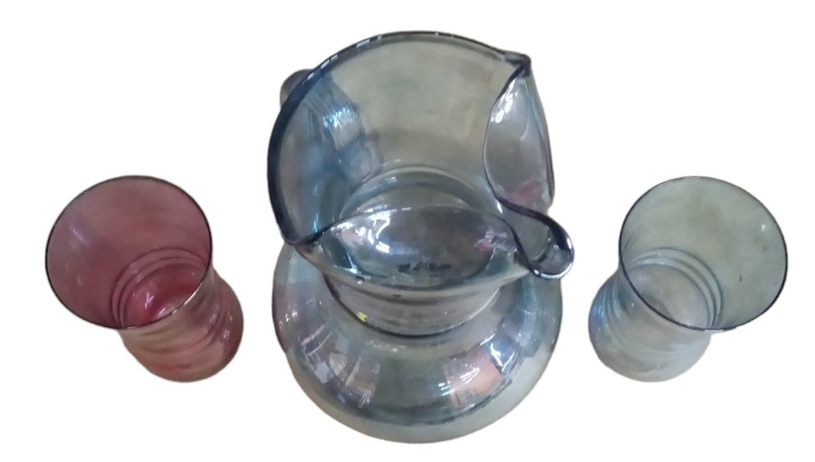 Smoked Glass Antique Blue Pitcher and Glass Red Glass Vintage 3 Pieces