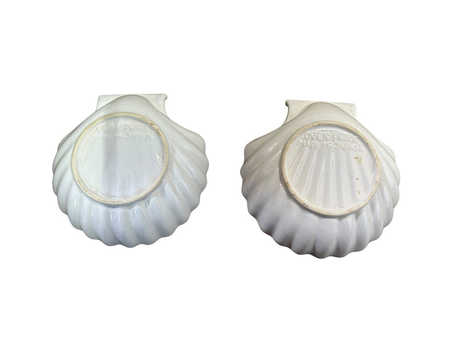 White Vintage Pair of Scalloped Ceramic Oven Proof Seashell Dish Made in Japan