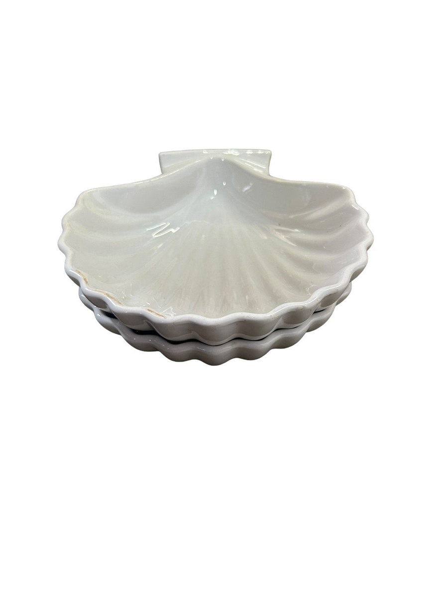 White Vintage Pair of Scalloped Ceramic Oven Proof Seashell Dish Made in Japan