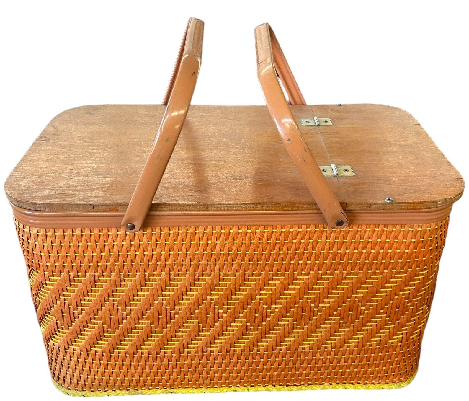 Redmon Picnic Basket Cups Plates Antique Colorful Vintage Wood Lid w/ Handles