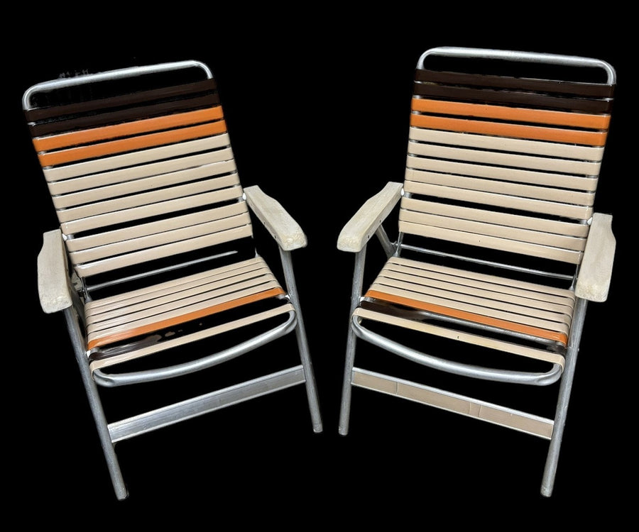 Lawn Chair Pair Vintage 1970s Folding Aluminum Plastic Vinyl Cream Orange Brown