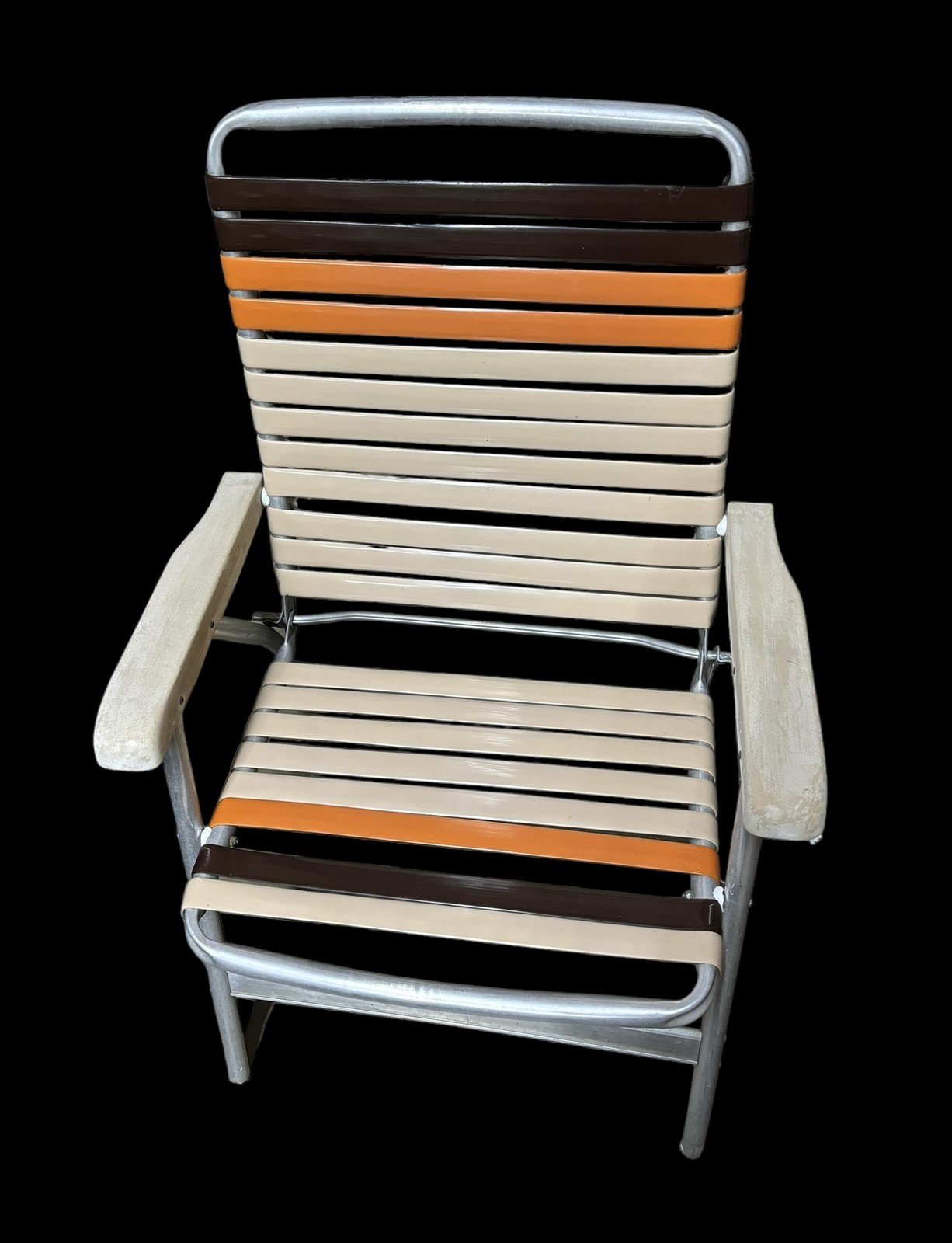 Lawn Chair Pair Vintage 1970s Folding Aluminum Plastic Vinyl Cream Orange Brown