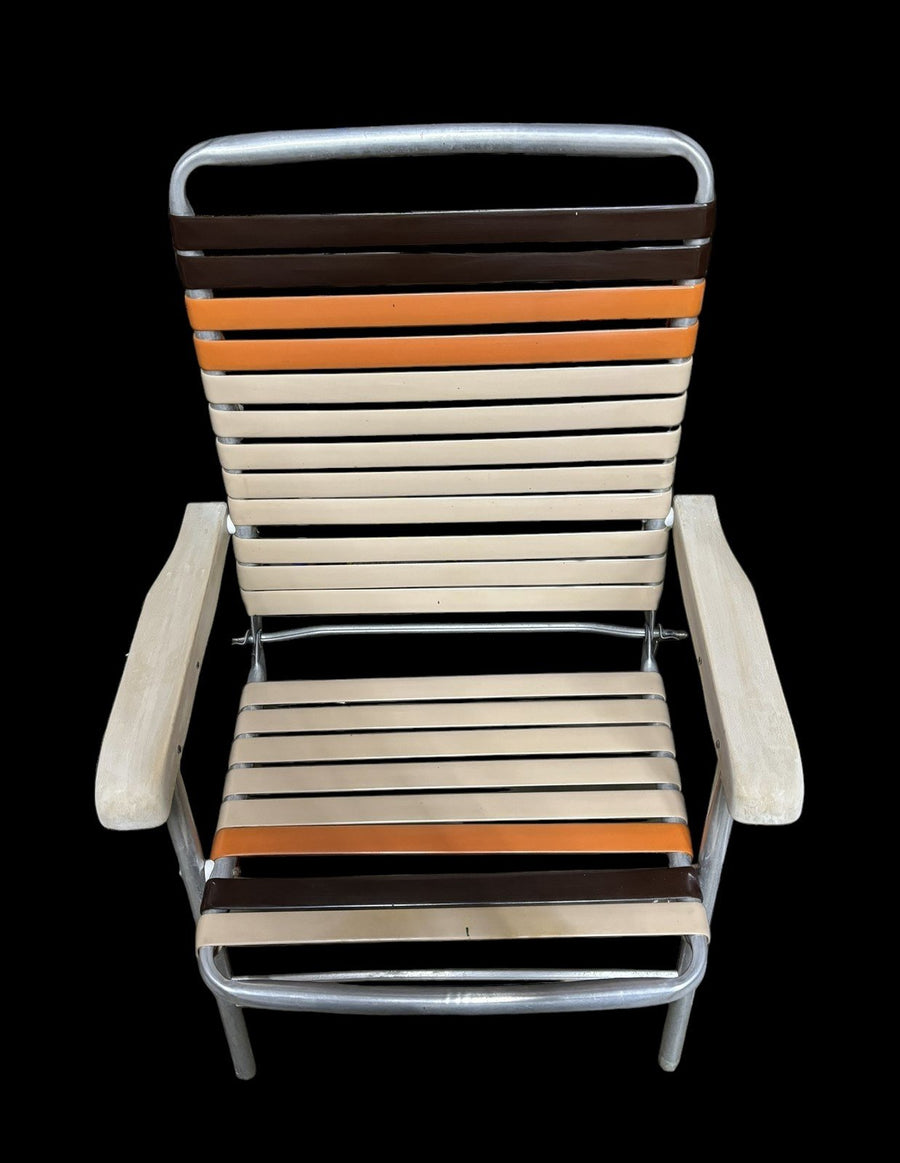 Lawn Chair Pair Vintage 1970s Folding Aluminum Plastic Vinyl Cream Orange Brown