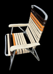 Lawn Chair Pair Vintage 1970s Folding Aluminum Plastic Vinyl Cream Orange Brown