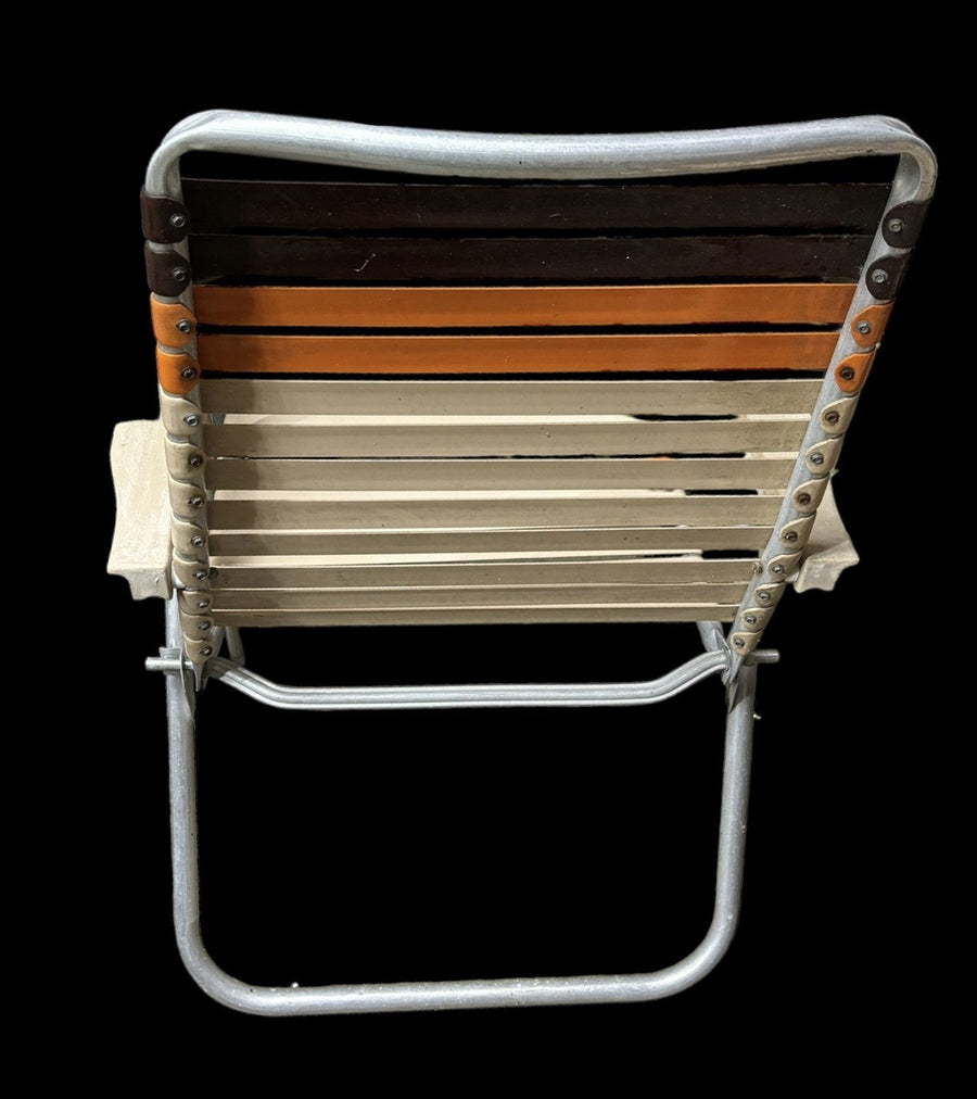 Lawn Chair Pair Vintage 1970s Folding Aluminum Plastic Vinyl Cream Orange Brown