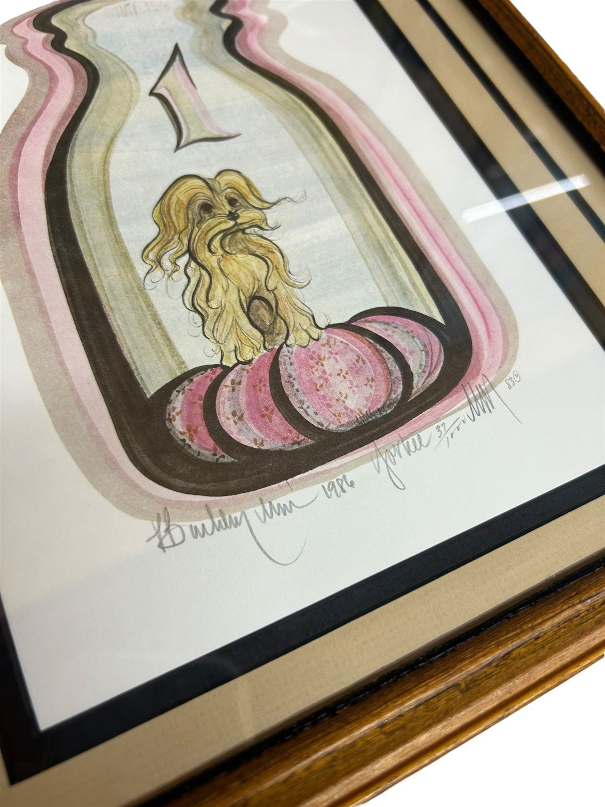 P Buckley Moss 1986 Yorkie in a Jar 37/1000 Signed Print with Frame