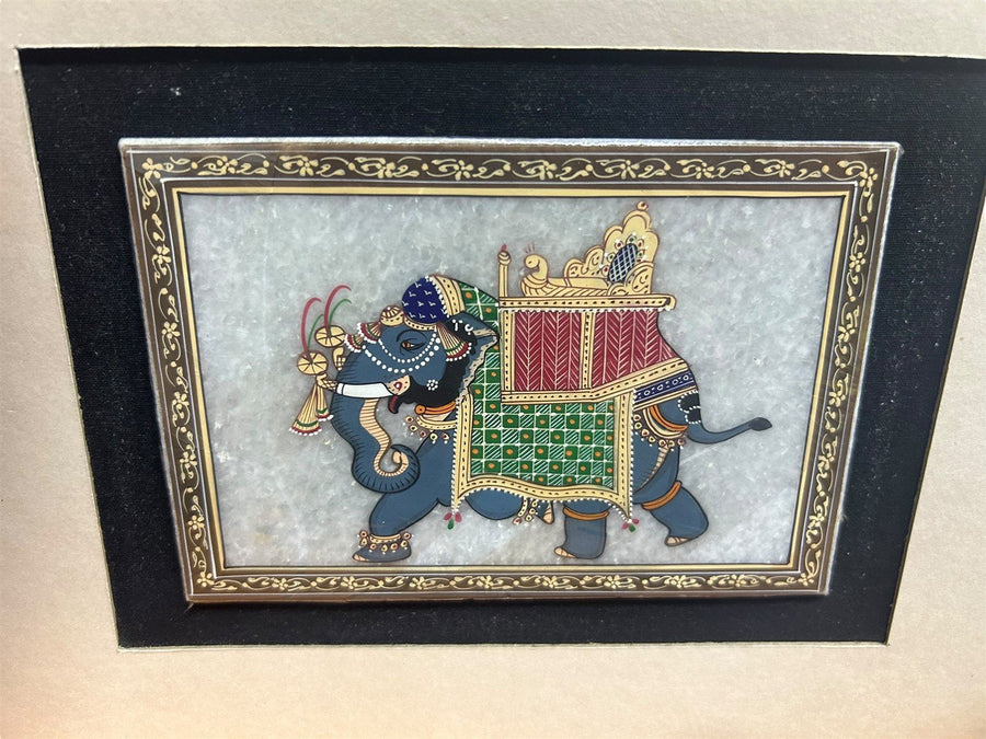 Hand Painted Vintage Hindu Art Fancy Elephant Slab of Stone Tile Collectible