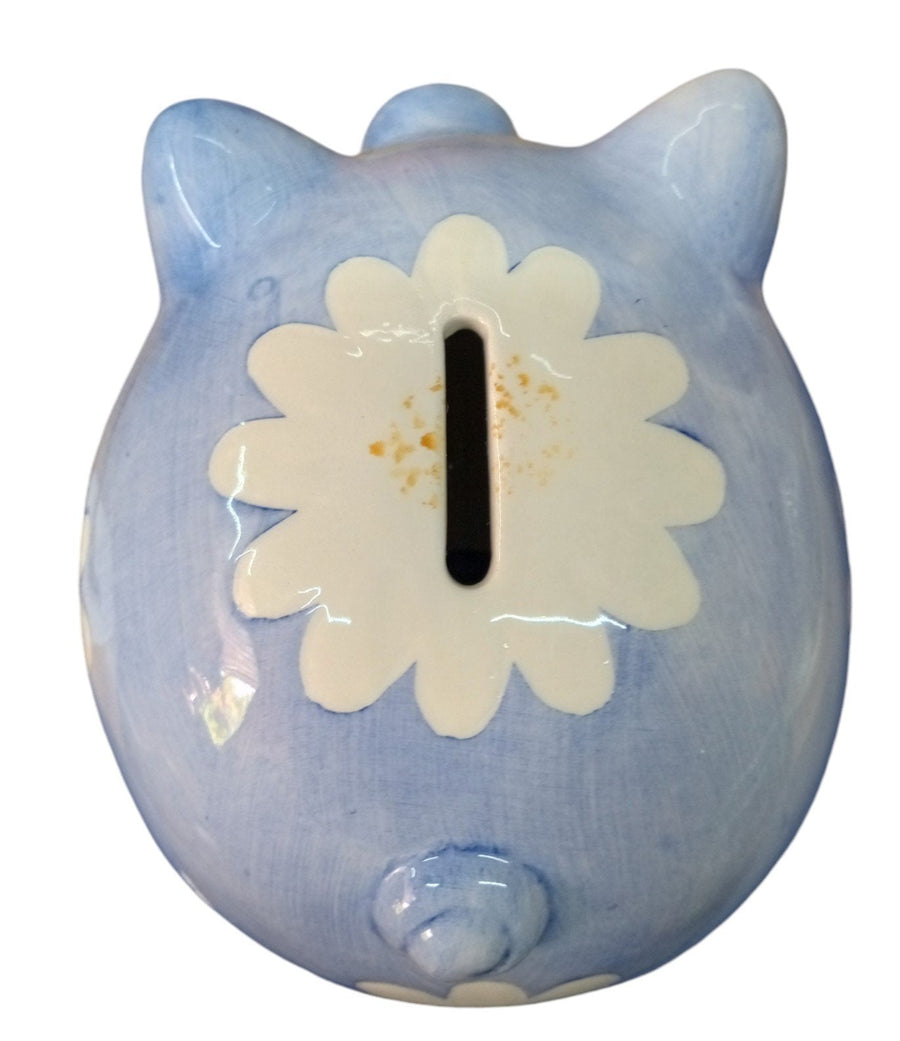 Blue and White Ceramic Pig Shaped Piggy Bank Vintage