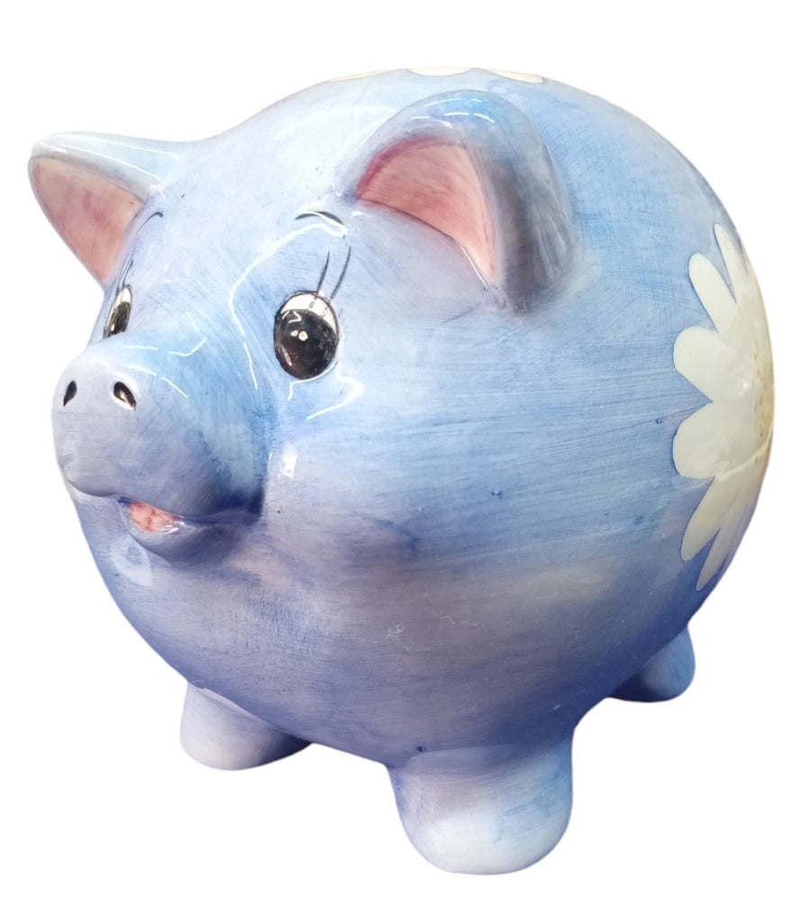 Blue and White Ceramic Pig Shaped Piggy Bank Vintage