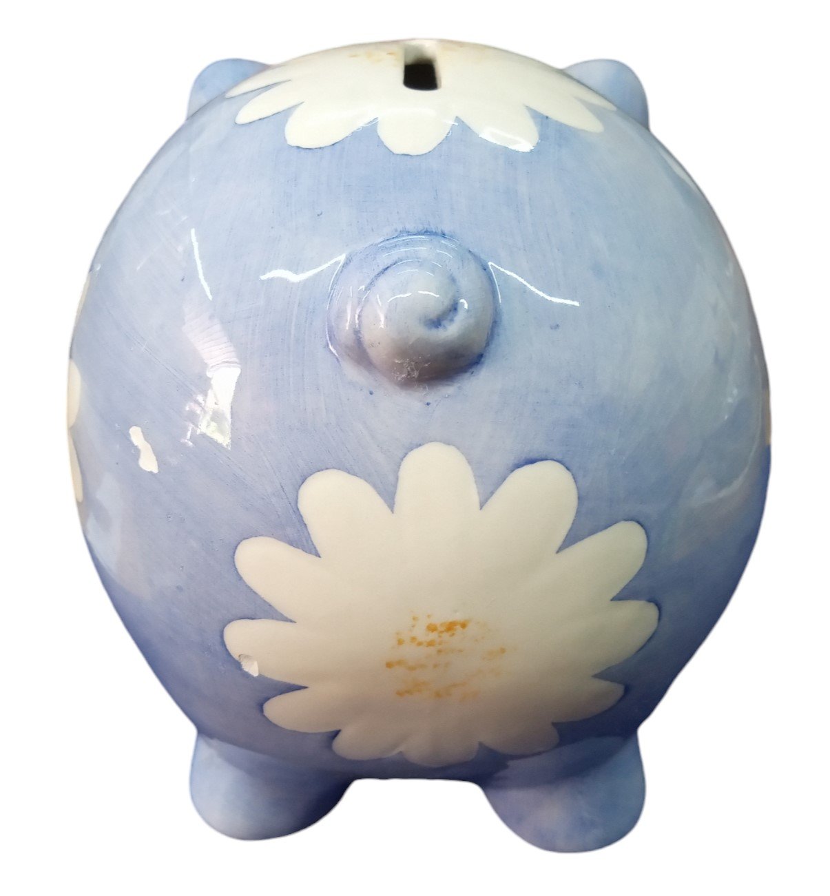 Blue and White Ceramic Pig Shaped Piggy Bank Vintage