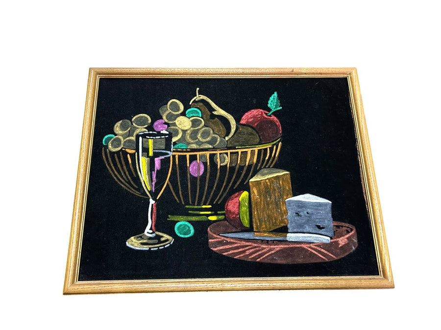 1960s Vintage Handmade Velvet Painting In Wooden Frame Fruit Bowl