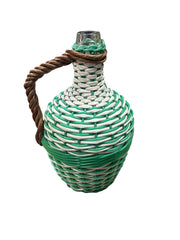 Woven Glass Jugs Pair Green One With A Handle Blue One With A Cork