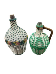 Woven Glass Jugs Pair Green One With A Handle Blue One With A Cork