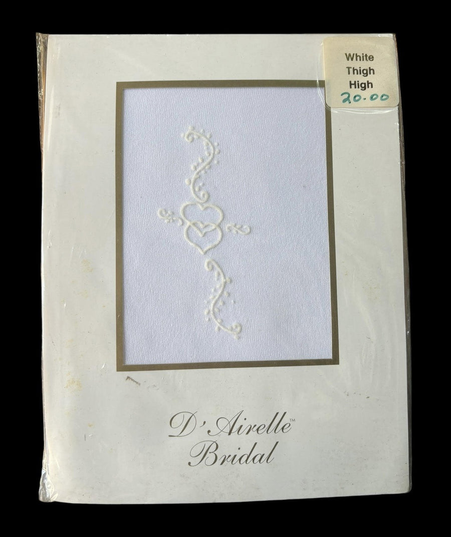 D'Airelle Bridal White Thigh High 100% Nylon Aire Hosiery Hearts Ribbons