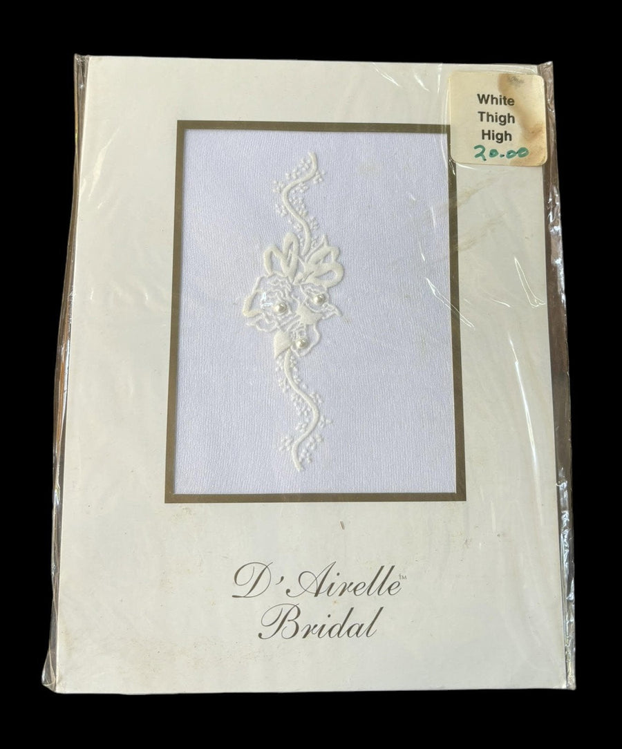 D'Airelle Bridal White Thigh High 100% Nylon Aire Hosiery Butterflies Ribbons