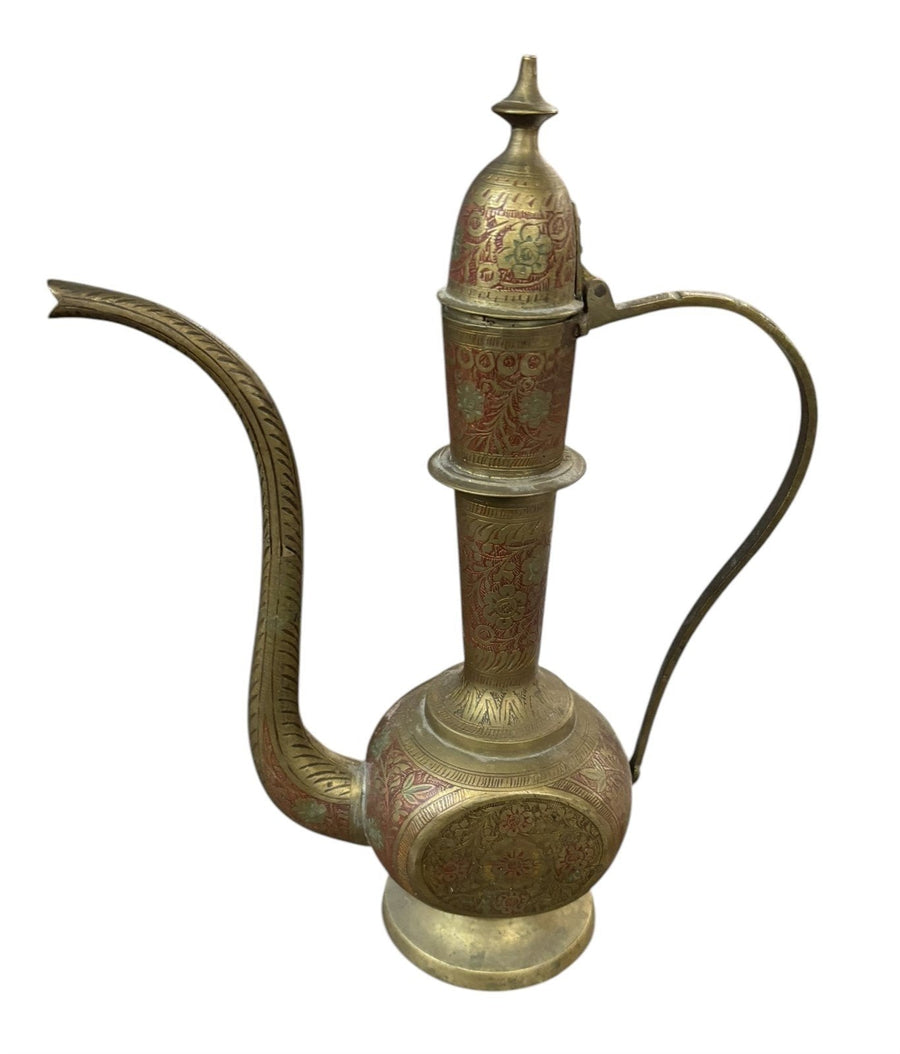 Brass Teapot Antique Fak Madi Vintage Hinged Lid Red Design