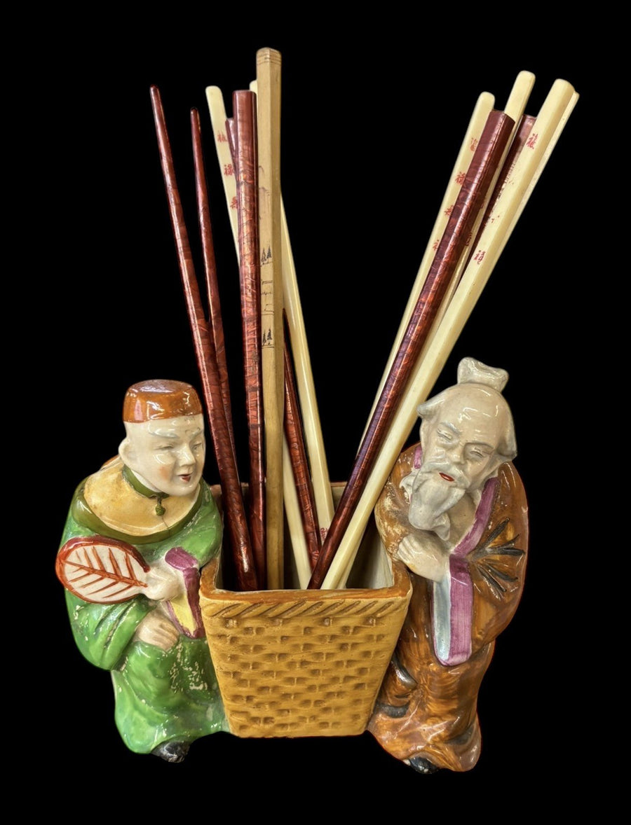 Handpainted Japanese Vase Antique Florart China Vintage w/ 6 Pairs Chopsticks