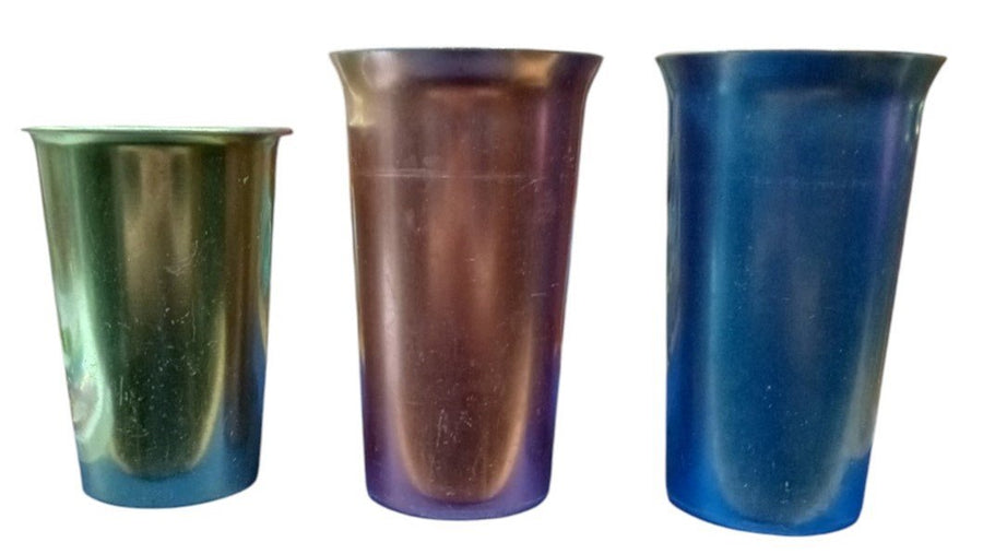 MCM Aluminum Tumblers With Stirring Spoons Set Of 7 Vintage Collectible Barware