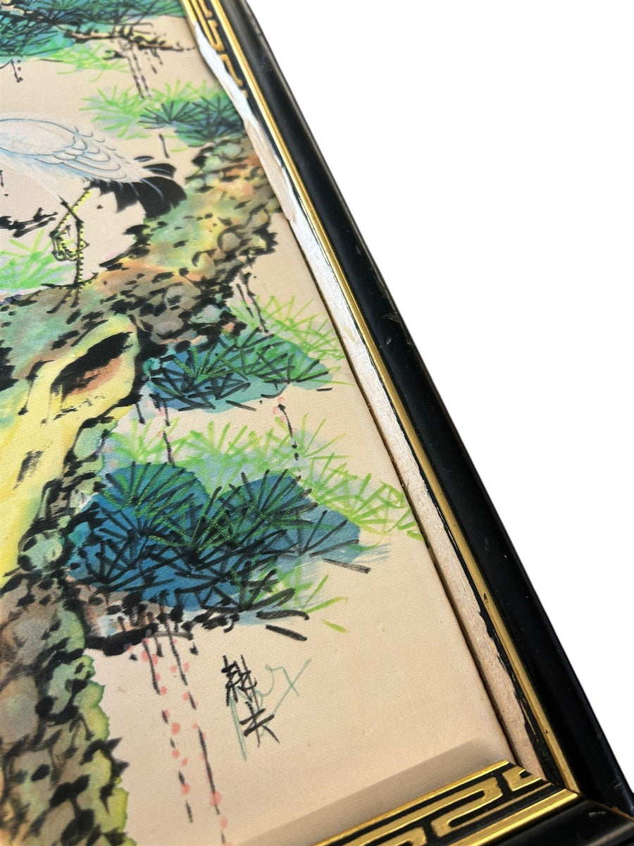 Chinese Silk Bird Picture Framed by John Wanamaker Vintage