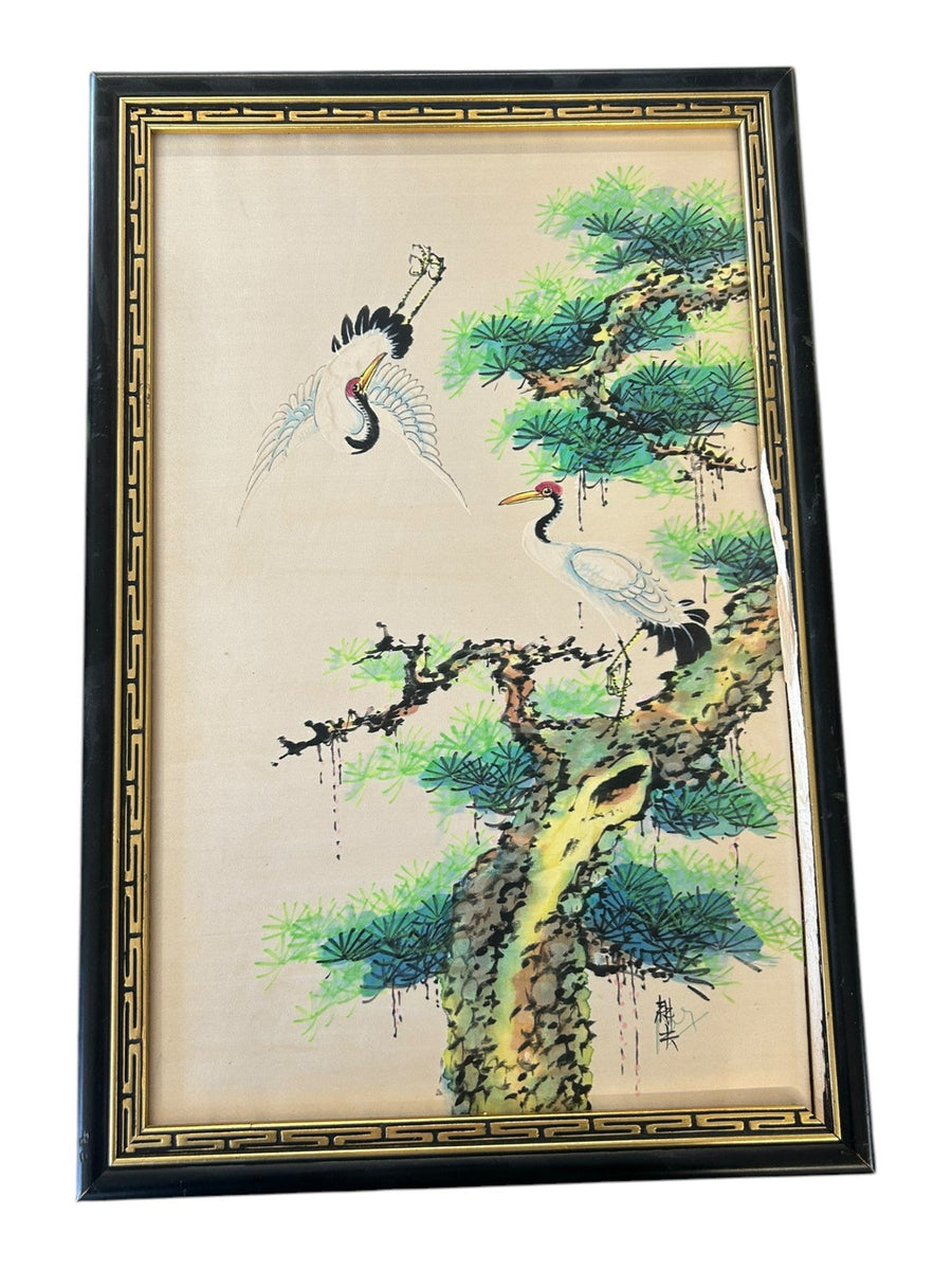 Chinese Silk Bird Picture Framed by John Wanamaker Vintage