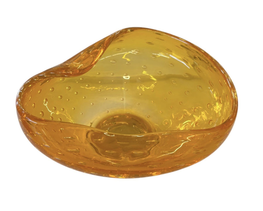 Amber Orange Blown Glass Bowl Vintage Controlled Bubble Folded Edge