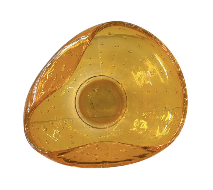 Amber Orange Blown Glass Bowl Vintage Controlled Bubble Folded Edge