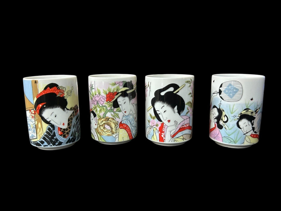 Geisha Girl Coffee Tea Cup Antique Porcelain Made in Japan Vintage Set of 4