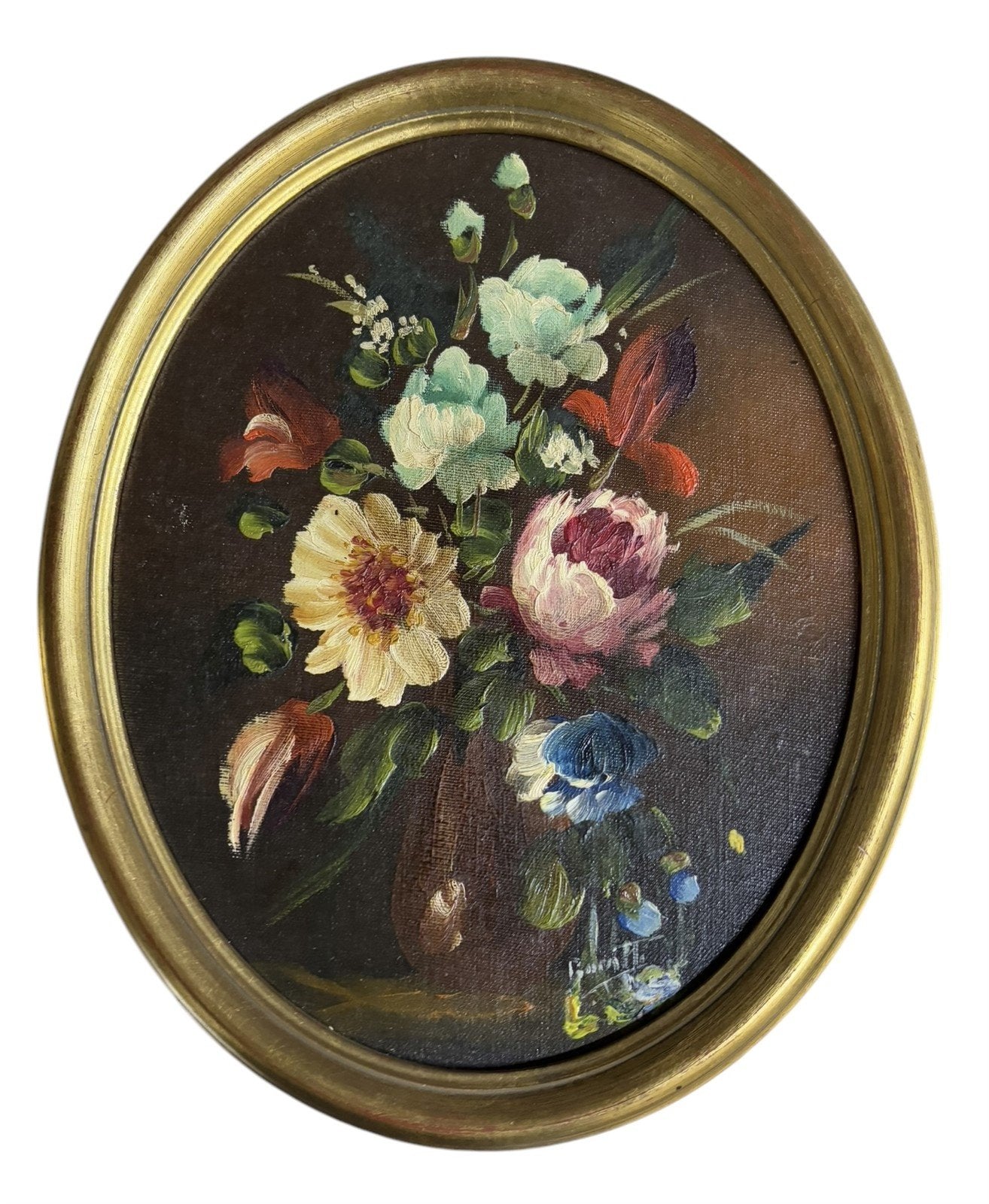 Floral Paintings Signed by Burnitti Antique Oval Golden Framed Vintage Set of 2