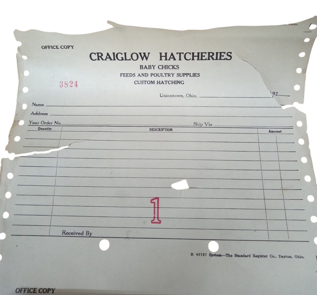 Craiglow Hatcheries Receipt Roll Vintage Collectible Nostalgic Record Keeping