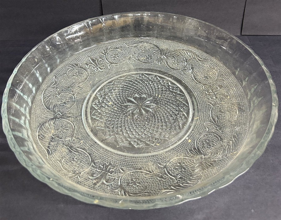 Clear Glass Deep Dish Round Platter Antique Diamond Cut Vintage Trellis Design